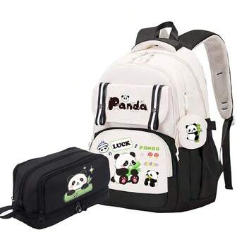 1/2-delars söt panda-ryggsäcksset, stor kapacitet för studenter och pennfodral, med flera fickor, stor kapacitet, andningsbar och lätt skolväska, slitstark nylonryggsäck med kapybaramönster, justerbara remmar och dragkedja, polyesterfodrad - perfekt present till studenter, skolmaterial