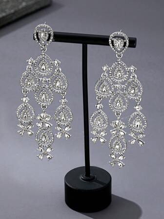 1 Pair Luxury Palace Style Silver Fully Rhinestoned Layered Tassel Design Earrings, Suitable For Women's Evening Party, Wedding, High-End Date Occasions
