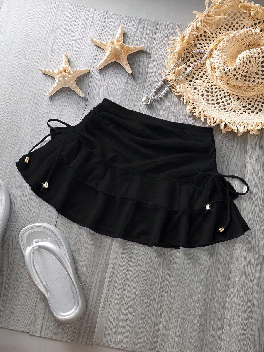 PEPPERMOLLY 女士性感时尚白色比基尼泳裤，网纱褶皱裙摆，夏季沙滩装 - 黑色 - 查看 1