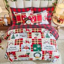 Juego de edredón de Navidad, diseño reversible con muñeco de nieve, copo de nieve, ciervo y cuadros, de microfibra suave y ligera para todas las ocasiones - Patchwork Plaid - Ver 6