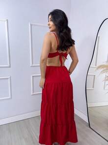 Women's Long Dress With Side Slit - Casual - Đỏ - Xem 3