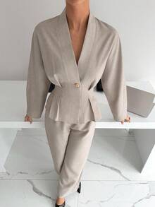 Two Pieces Set: V-Neck Waist-Pleated Casual Top + Wide-Leg Casual Pants Winter Clothes For Women Winter Outfit For Women Elegant Women's Sets Elegant Women's Set