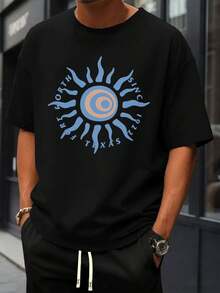 Camiseta negra de algodón con estampado de sol vintage. Algodón suave, corte cómodo, transpirable, informal y estampado gráfico único. - Negro - Ver 1