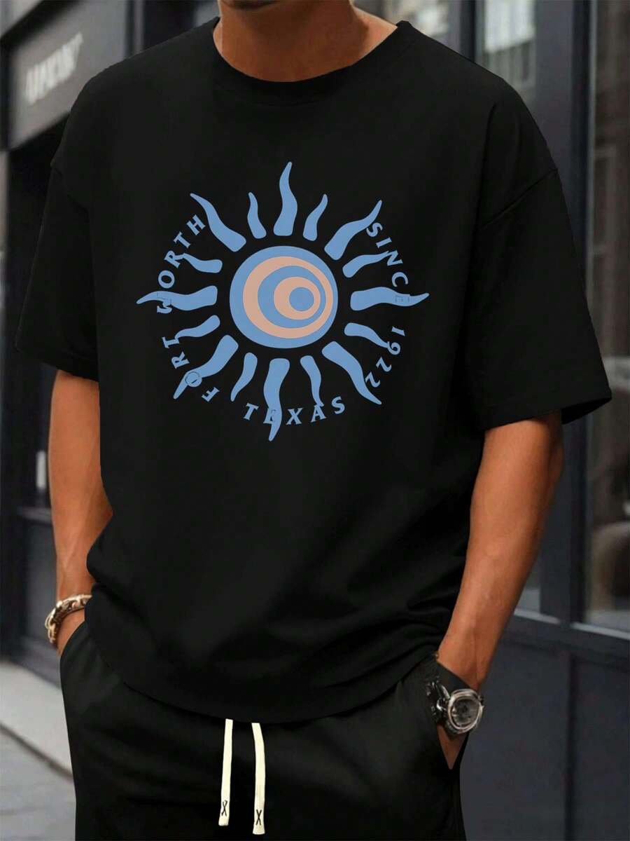 Camiseta negra de algodón con estampado de sol vintage. Algodón suave, corte cómodo, transpirable, informal y estampado gráfico único. - Negro - Ver 1