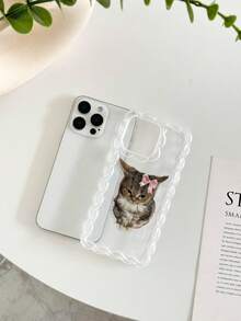 卡通猫咪彩绘编织波浪边透明手链，平面印花彩色防摔时尚可爱，兼容 17/17 Pro/17 Pro Max、16/16 Pro/16 Pro Max/16 Plus、14、15、XS、XR、7/8 Plus，欧美风格，P15 Pro Max、P14、P13、P12软壳，P11防摔创意手机壳 - 彩色 - 查看 3
