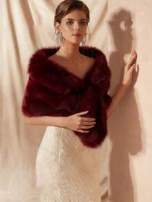 女士仿皮草披肩 - 酒红色加厚仿皮草新娘披肩，日常配饰，可搭配晚礼服保暖 - 酒紅色 - 查看 1