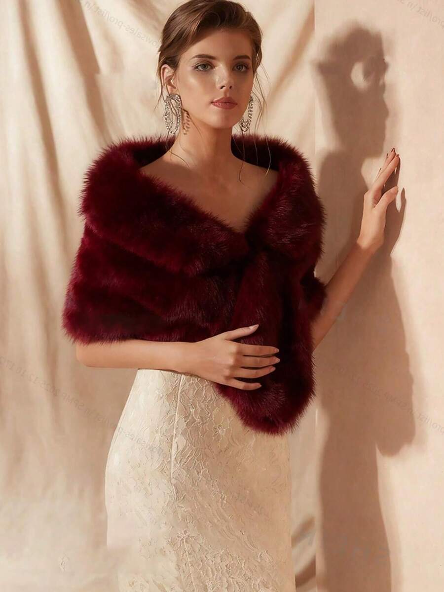 女士仿皮草披肩 - 酒红色加厚仿皮草新娘披肩，日常配饰，可搭配晚礼服保暖 - 酒紅色 - 查看 1