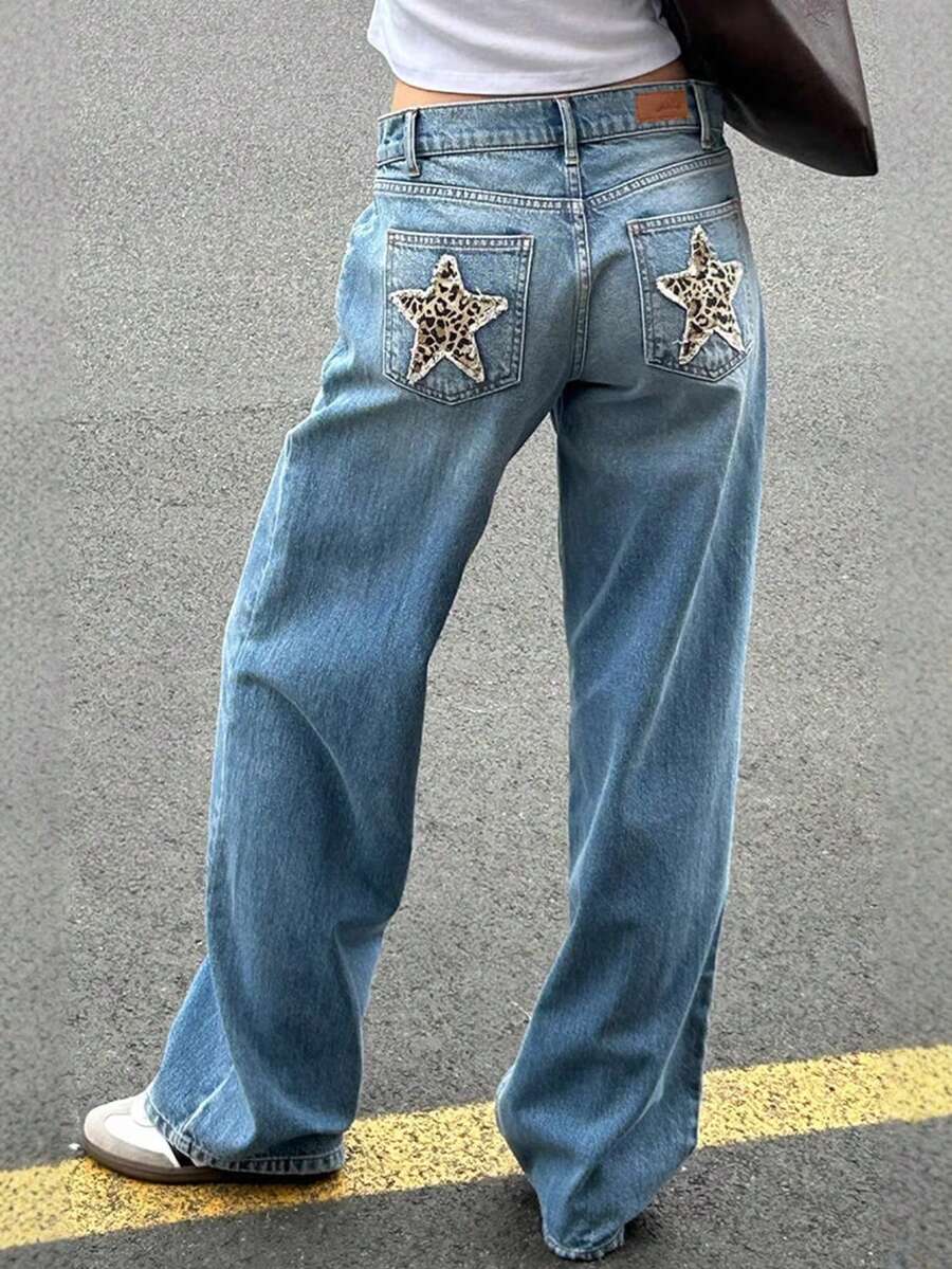 Women's Casual Wide Leg Denim Jeans With Leopard Star Patched Pockets, Long Washed Straight Fit Y2K Style Pants With Slight Stretch - Màu xanh lam - Xem 1