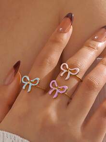 1pc Stainless Steel Fashionable Colorful Ombre Bowknot Ring, Suitable For Women's Daily Wear, Valentine's Day Gift - Multicolor - View 3