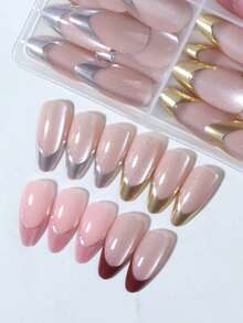 96 piezas (4 estilos surtidos) Pegatinas de uñas de gel 3D en forma de almendra hechas a mano, pueden crear uñas francesas de ojo de gato en dorado, plateado y rojo, tiras de uñas francesas plateadas, la forma de almendra se ajusta perfectamente, kit de uñas postizas acrílicas que incluye: 1 gel de gelatina y 1 lima de uñas, uñas de ojo de gato y uñas francesas en forma de almendra, adecuado para el trabajo diario, festivales y fiestas de las mujeres, suministros de uñas - Ver 4