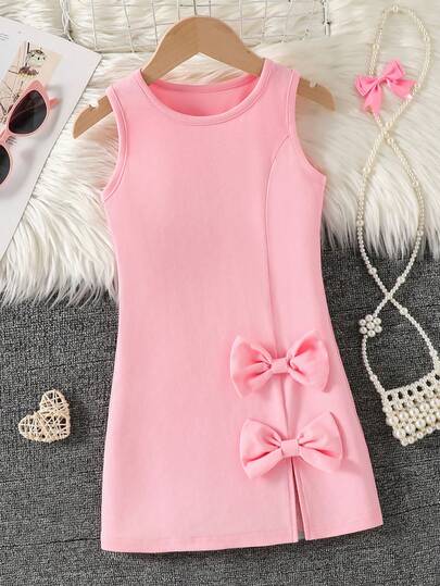 Vestido rosa casual con cuello redondo, decoración de lazo y abertura lateral, inspirado en la dopamina, adecuado para uso al aire libre, vuelta al colegio, trayectos y reuniones sociales, para primavera/verano