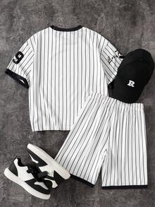 2pcs/Set Boys Casual Sports Minimalist Comfortable Outfit, Number 79 Los Angeles Letter Print Baseball Style Striped Design Short Sleeve T-Shirt And Matching Shorts Set, Spring/Summer - White - View 2