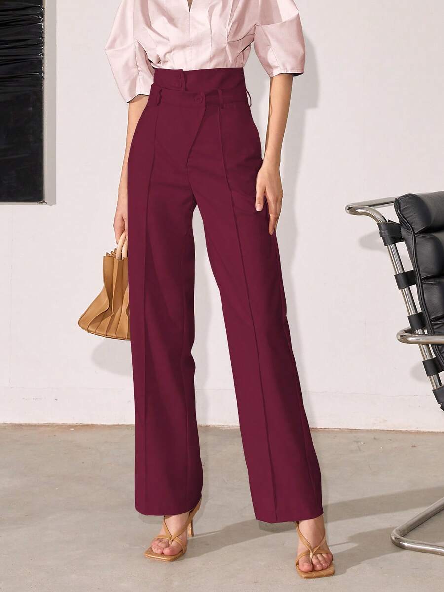 Women's Solid Color High Waisted Straight Leg Casual/Business Pants, Spring And Summer - Burgundy - View 1