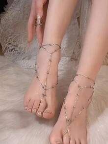 1pc Fashionable Metal Beaded Anklet, Women Delicate Multi-Layer Mesh Tassel Toe Ring Jewelry, Wedding Party Accessory Gift (Avoid Contact With Water) - White K - View 2
