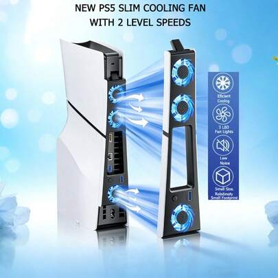 PlayStation 5 Slim Cooling Fan For PlayStation 5 Slim Disc/Digital Console - 2 Level Adjustable Speeds Quiet Low Noise Efficient Cooling With LED Fan Lights USB Port Compact Plug & Play Gaming Accessory