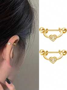 Nooxian 1 Pair Women's Cartilage Earrings, Copper Inlaid Zirconia Heart Screw Stud Earrings, Daily Accessories Gift - Yellow Gold - View 7