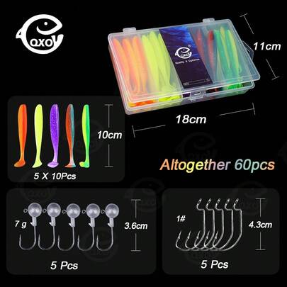 QXO 60Pcs/Box Silicone Soft Lures With Fish Head Hooks In A Box Artificial Bait Fish Tackle Goods For Fishing Accessories