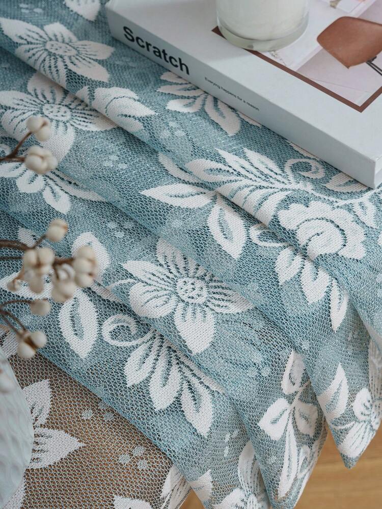 1件轻奢清新蓝色背景白色花卉图案薄纱窗帘家居装饰 - 藍白色 - 查看 11