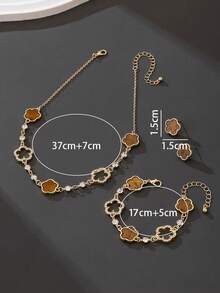 1 Set Women's Jewelry: 1pc Romantic, Delicate, Luxurious, Elegant, Sweet, Lucky Clover Pendant Necklace With Rhinestones, 1pc Bracelet, 1 Pair Earrings - Brown - View 6