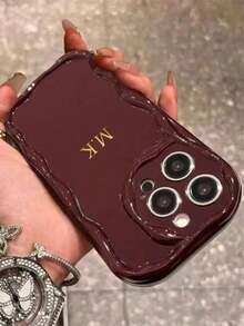 1 Stück cremefarbene wellenförmige personalisierte Paardesign Handyhülle mit Schrift, Herzform, Name, Phrase, personalisierter Unterschrift, stoßfest, dick, ewige Handyhülle, doppellagiger Komplettschutz, kompatibel mit Apple 13/14/15/16 und 17 Pro Max - Bordeaux - Übersicht 4