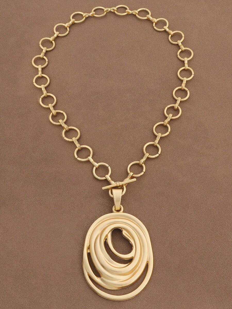 SUPBORA 1pc Fashion Matte Gold/Silver Color Asymmetrical Open Hollow Square Shape Pendant Chunky Chain Statement Necklace Suitable For Women's Daily Wear 18" - Spiral - View 1