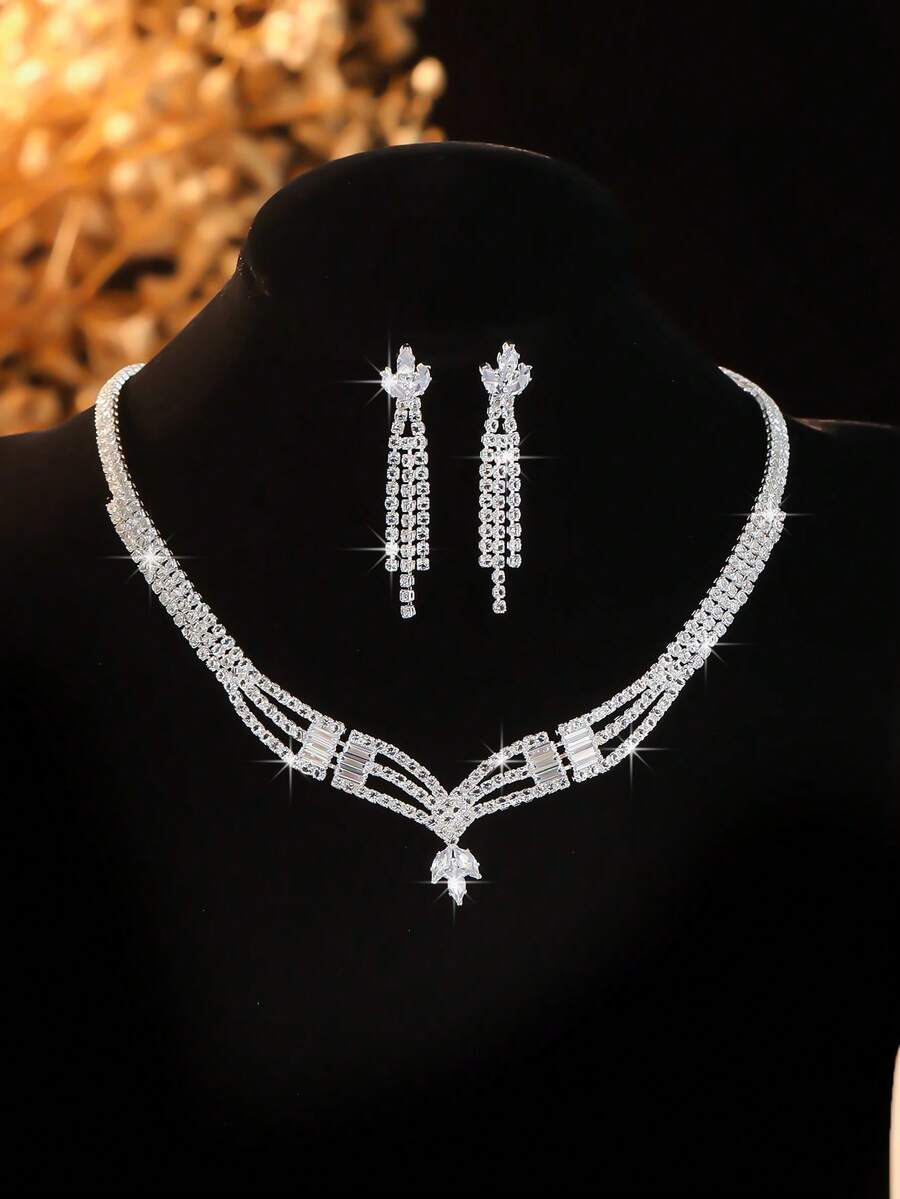 几何钻石项链耳环套装，V形立方氧化锆镶嵌，优雅流苏吊坠，精致简约时尚，送给她的礼物 - 彩色 - 查看 1