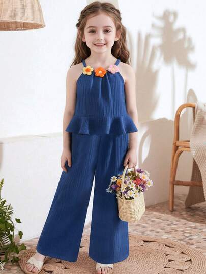 2pcs Girls Sweet Outfit, Floral Embellished Halter Neck Ruffle Top Paired With Wide Leg Pants Set, Casual Streetwear & Sportswear