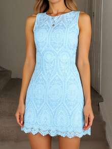 ZALLA Elegant Lace Midi Sheath Dress With Lining For Weddings And New Year's Eve. - 淺藍色 - 查看 1