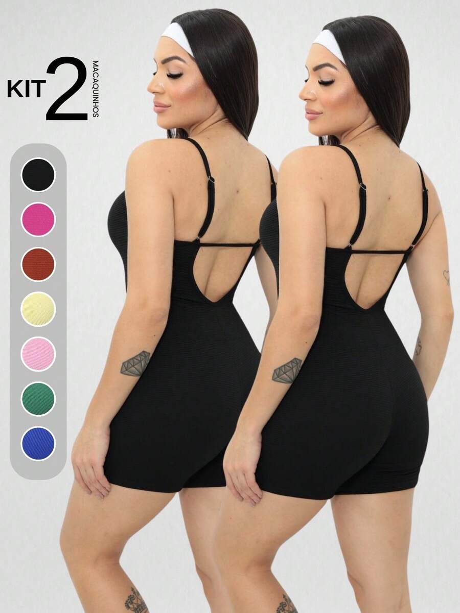 Kit 2 Jumpsuits Ribbed Strappy Rompers Women's Clothing Gym Sports Fitness - Blanco y Negro - Ver 1