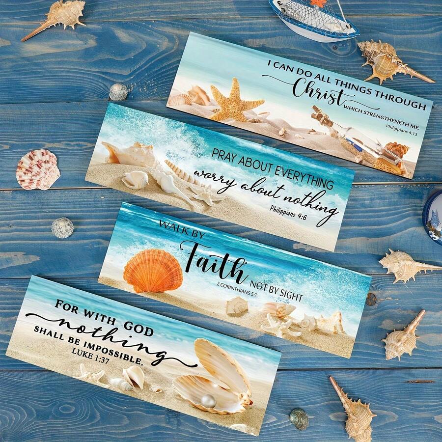 4pcs Rectangular Wooden Coastal Style Wall Decor Plaques, Vintage Fresh Beach & Ocean Theme, Inspirational Bible Verse Home Wall Art, Nautical Living Room Bedroom Entryway Decor, Spring Home Refresh Gift, Romantic Valentine's Day Couple Home Decor, Easter Seaside Healing Wooden Boards - Mint Blue - View 1