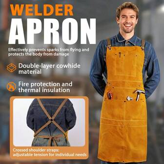 Delantal de soldadura multifuncional de cuero de vaca, resistente al calor y al desgaste, resistente a las quemaduras, delantal de almacenamiento de herramientas de soldadura eléctrica y forja