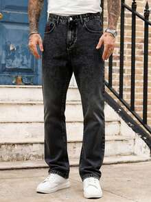 Men's Faded Wash Straight Leg Jeans, Casual Street Style Fashion, All Season - Grey - View 2