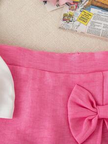 女婴情人节新品字母大蝴蝶结印花短袖圆领上衣+3D蝴蝶结装饰短裙套装，夏季 - 玫紅色 - 查看 7