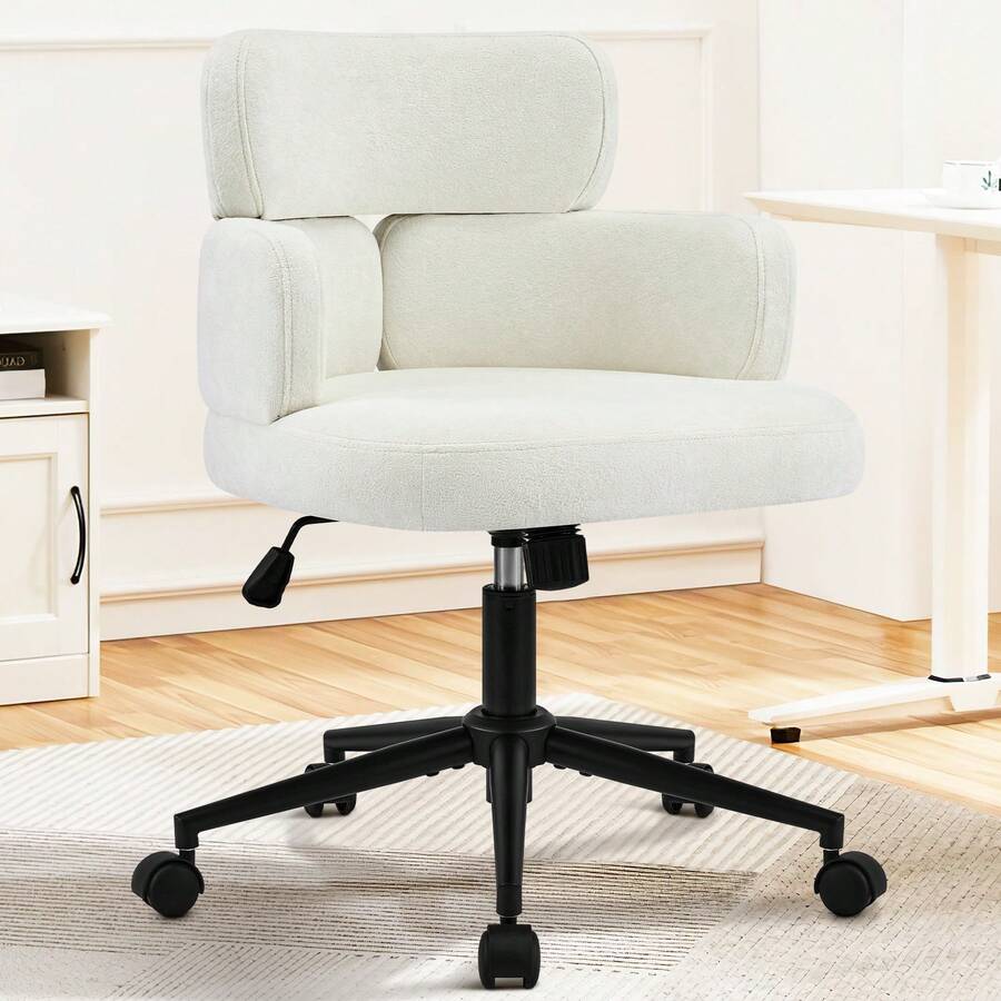 Fumahome Modern Chenille Office Chair With Wheels Swivel Home Office Desk Chair Adjustable Height Accent Chair With Comfy Backrest Upholstered Chenille Task Chair For Home Office Study Room - Beige - View 1