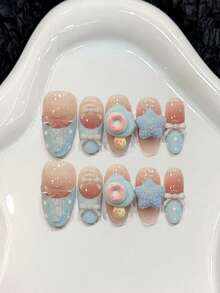 10Pcs Blue Donut Press On Nails With Star Bowknot Design Artificial False Nails For Women Daily Party Wear - Pink - View 1