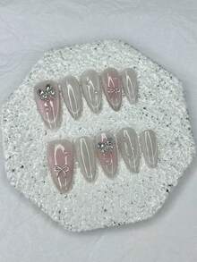 10 Pieces Cute Pink Blush Almond Handmade Press On Nails 3D Bow Pearl Diamond Cat Eye Glitter Fake Nails Gentle Sweet Soft Girl Nail Art Fake Nails Nail Supplies(1 Sheets Jelly Stickers+1PC Nail File) ﻿