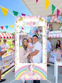 1pc Unicorn Photo Backdrop, Unicorn Theme Birthday Party Photography Prop, Happy Birthday Party Room Wall Decor, Unicorn Birthday Gift Party Supplies, Birthday Decor Photo Frame Background, Birthday Party Decoration, Baby Shower Decor - Multicolor - View 3