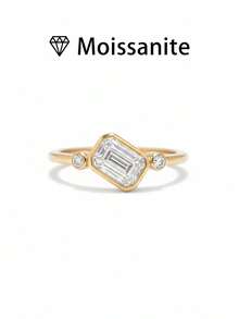 女士结婚戒指，镶嵌式长方形简约戒指，2.7克925纯银，镶嵌2克拉莫桑石，波西米亚宫廷风格，奢华订婚、结婚、周年纪念、情人节礼物，附赠莫桑石证书和精美礼盒 - 金色 - 查看 2