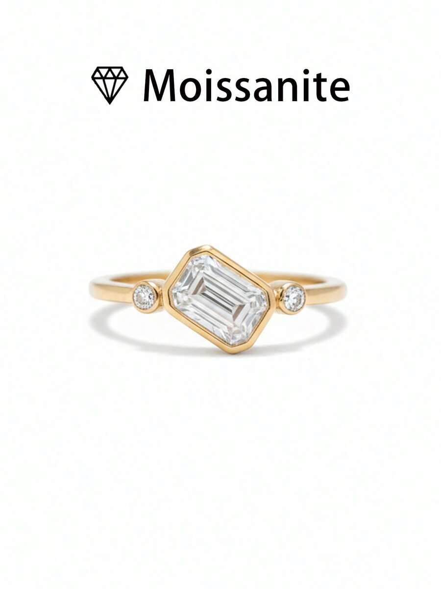 女士结婚戒指，镶嵌式长方形简约戒指，2.7克925纯银，镶嵌2克拉莫桑石，波西米亚宫廷风格，奢华订婚、结婚、周年纪念、情人节礼物，附赠莫桑石证书和精美礼盒