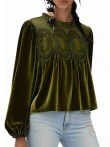 Velvet Trim Lace Blouse Women Long Sleeve Elegant Swing Top Flared Hem Round Neck Casual Blouse Tunic - xanh quân đội - Xem 3