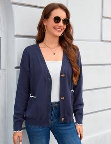 MODISFRAU Strickjacke Damen Kurz Cardigan Langarm Strickpullover Schulterjacke Bolero Top mit Knöpfen und Taschen - marineblau - Übersicht 4