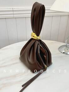 1pc Solid Color PU Leather Handbag, Burgundy Ancora Design, Women's Personalized Mini Cloud Pleated Bag With Metal Decor Zipper Closure, Suitable For Daily And Outdoor Use - 咖啡 - 查看 6