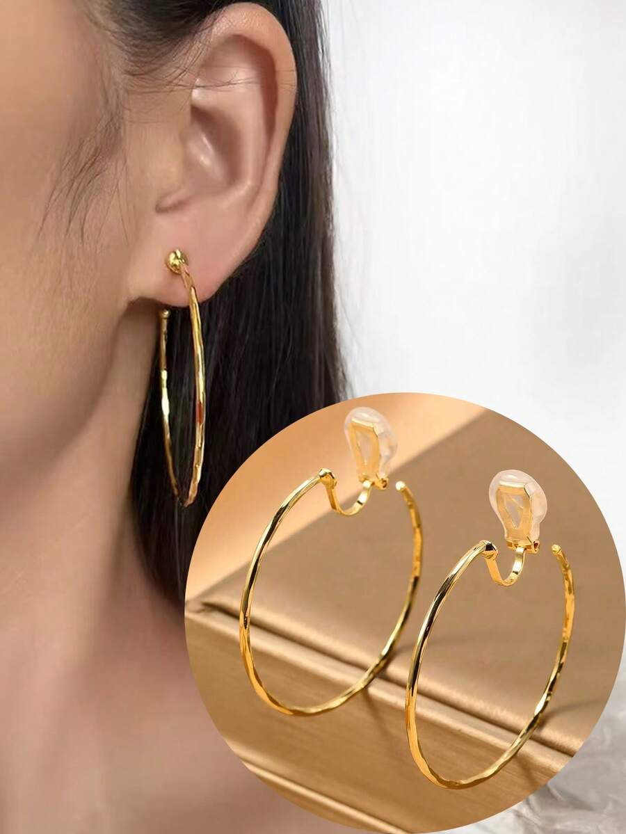 1 Pair Fashionable New Large Hoop Earrings For Women, Clip-On Earrings With Elegant Vibe, Slimming Effect, Suitable For Daily Wear And Holiday Gifts - Ear Clip - View 1