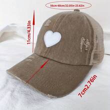 1pc Womens Distressed Sand Corduroy Baseball Cap With Heart Embroidery And White Stitch Detailing Featuring A Functional High Ponytail Hole And Breathable Mesh Back Panel Soft Structured Brim And Adjustable Snapback Closure For A Perfect Flattering Fit Ideal For Coffee Shop Lines Outdoor Markets Weekend Getaways Spring Picnics And Effortlessly Cool Everyday Style - 彩色 - 查看 3