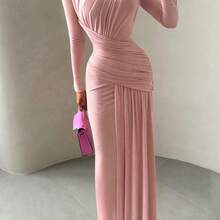 Maxi Dress Women O-Neck Full Sleeve Solid Banquet Elegant Vacation Fashion Autumn Skinny Casual Simple Vestidos - 粉色 - 查看 1