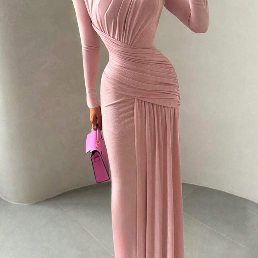 Maxi Dress Women O-Neck Full Sleeve Solid Banquet Elegant Vacation Fashion Autumn Skinny Casual Simple Vestidos - 粉色 - 查看 1