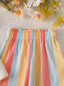 New Style Girls 2-Piece Set, Sweet Floral Embroidery Ruffle Trim Top + Rainbow Striped Wide Leg Pants Outfit, Cute Kids Clothing, Suitable For Party, Performance, Daily Outing/Outdoor Leisure - Multicolor - View 7