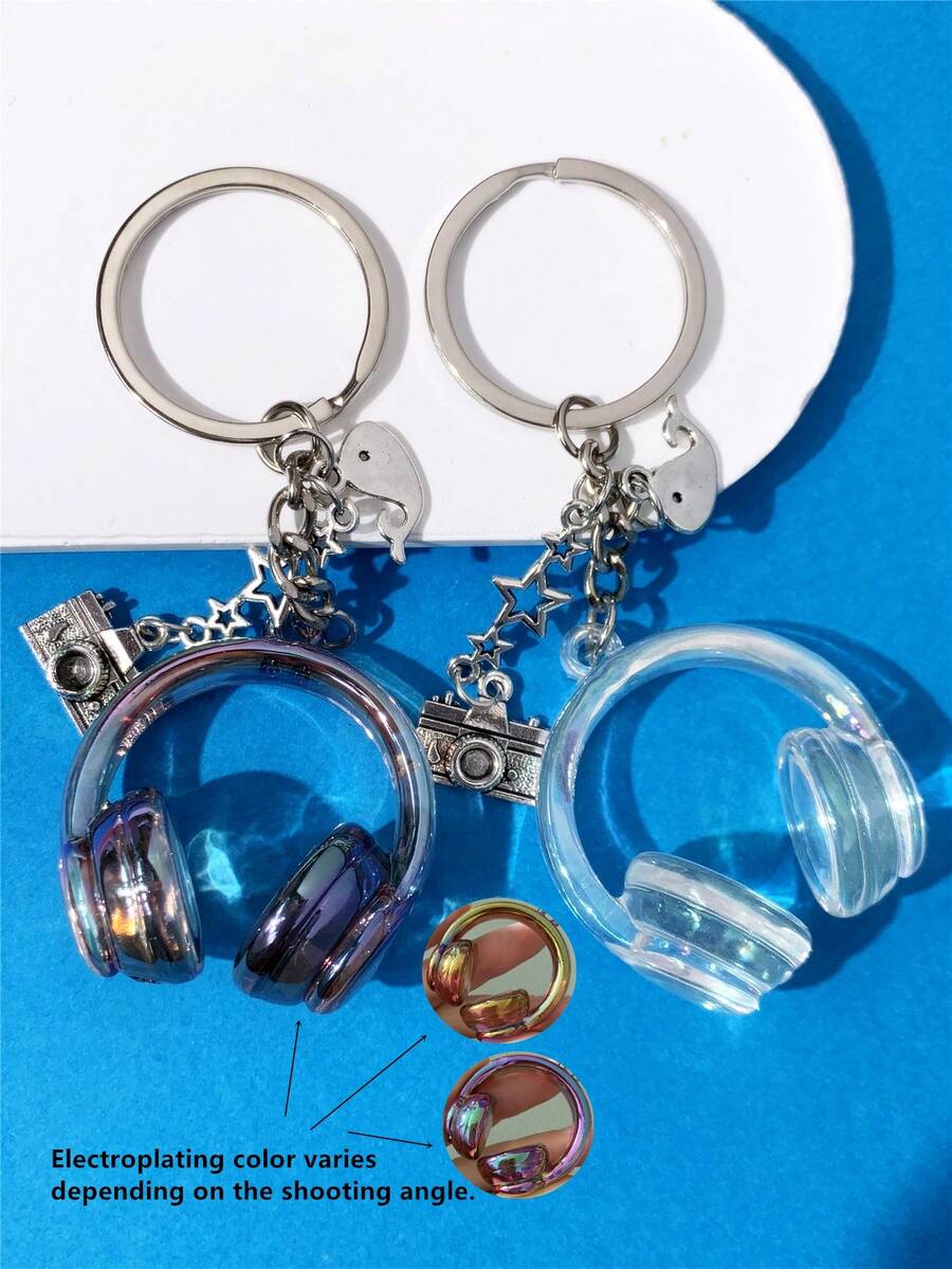1pc/2pcs Minimalist Cute Shiny Black & White Headphone Shaped Keychain, Bag Charm, Car Key Fob Pendant, Star Camera Whale 3D Headphone Pendant, Unisex, Love Music