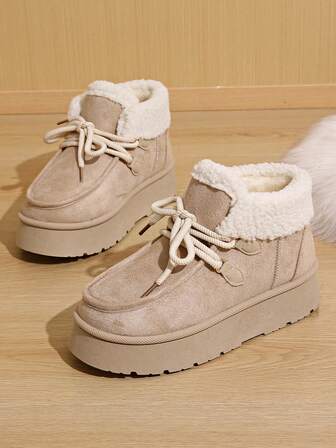 2025 Winter Retro Short Tube Thick Bottom Snow Boots For Women, Plush Lined Warm Increased Height Snow Boots, Black & Beige