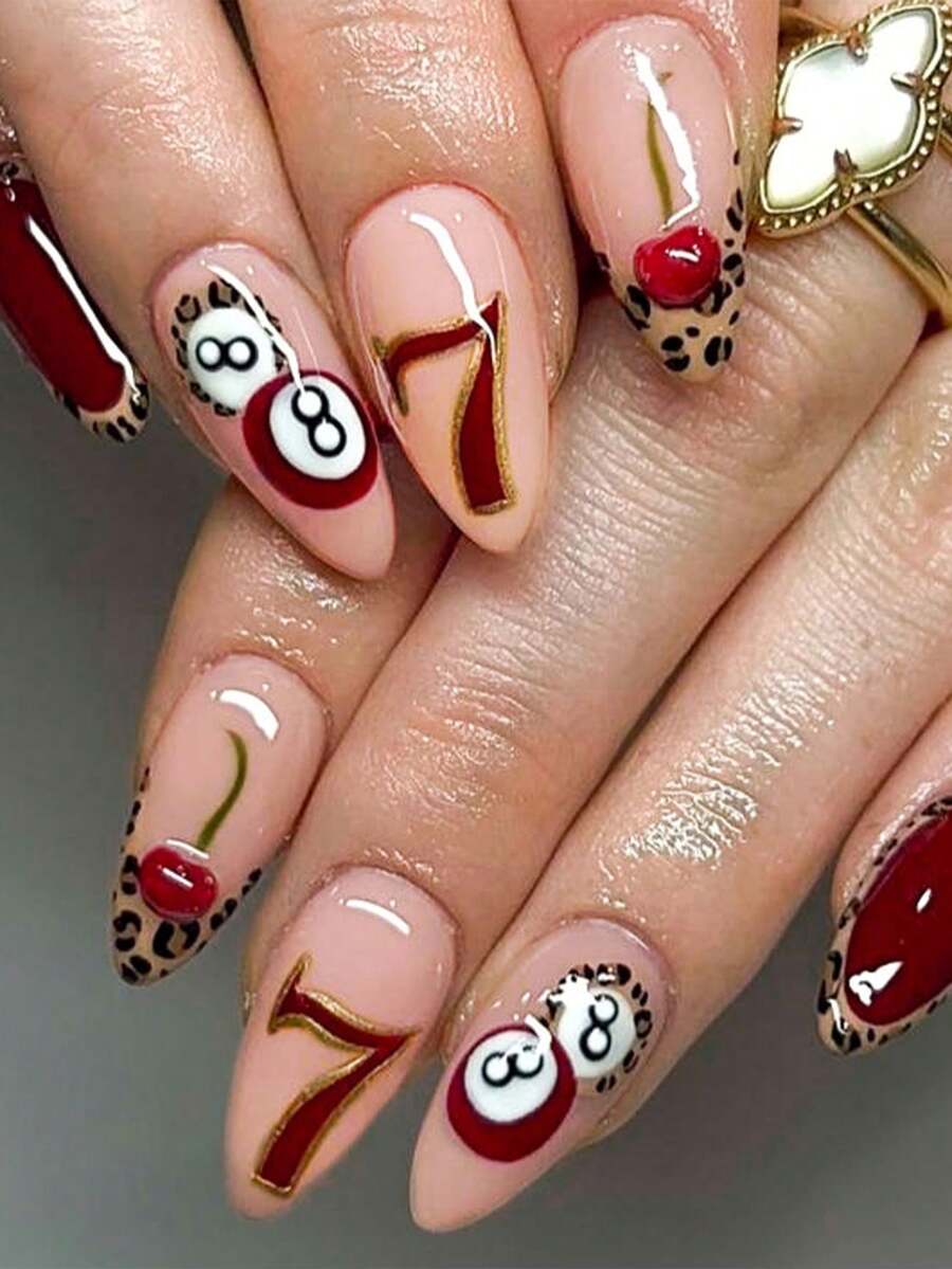 24片Y2K杏仁3D凝胶豹纹法式美甲贴纸，包含8寸和7寸黑桃图案以及3D凝胶樱桃设计，甜美欧美风格，易于佩戴的亚克力假指甲套装，包含1瓶果冻凝胶和1把指甲锉，适合女性和女孩日常佩戴以及各种派对场合。 - 彩色 - 查看 1